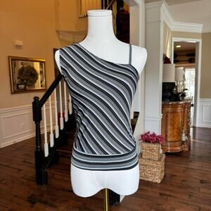 black white striped one shoulder y2k top medium